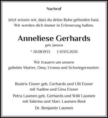 Traueranzeige von Anneliese Gerhards von trauer.extra-tipp-moenchengladbach.de