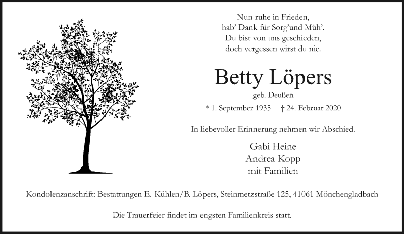 Traueranzeige für Betty Löpers vom 08.03.2020 aus trauer.extra-tipp-moenchengladbach.de
