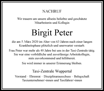 Traueranzeige von Birgit Peter von trauer.wuppertaler-rundschau.de