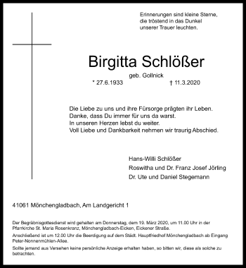 Traueranzeige von Birgitta Schlößer von trauer.extra-tipp-moenchengladbach.de