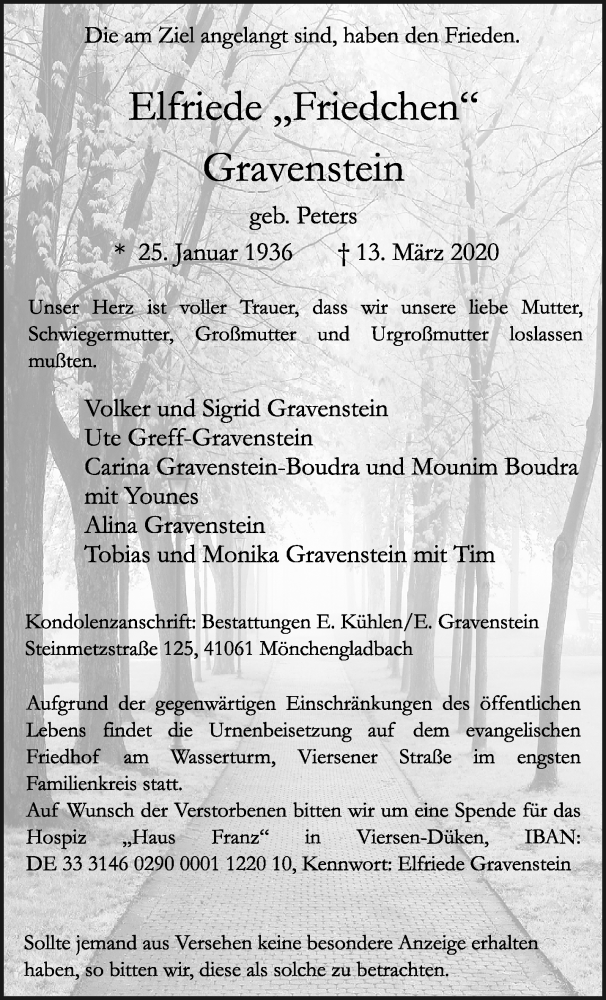  Traueranzeige für Elfriede Gravenstein vom 22.03.2020 aus trauer.extra-tipp-moenchengladbach.de