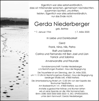 Traueranzeige von Gerda Niederberger von trauer.mein.krefeld.de