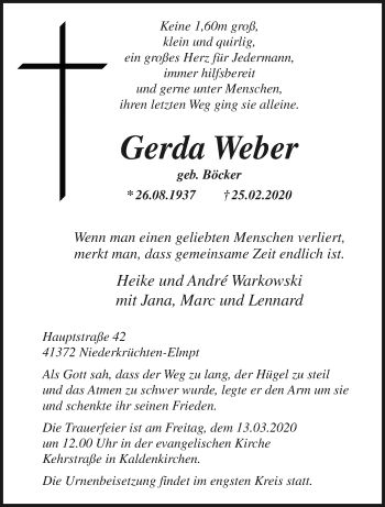 Traueranzeige von Gerda Weber von trauer.extra-tipp-moenchengladbach.de