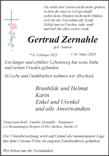 Traueranzeige von Gertrud Zernahle von trauer.stadt-kurier.de