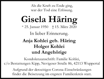Traueranzeige von Gisela Häring von trauer.wuppertaler-rundschau.de