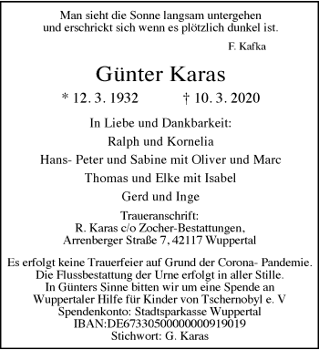 Traueranzeige von Günter Karas von trauer.wuppertaler-rundschau.de