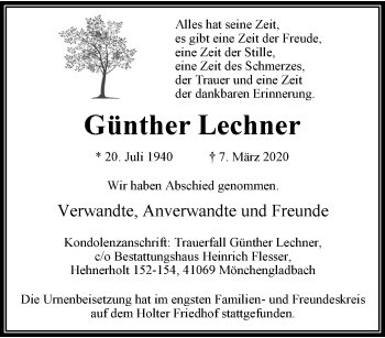Traueranzeige von Günther Lechner von trauer.extra-tipp-moenchengladbach.de