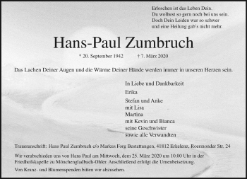 Traueranzeige von Hans-Paul Zumbruch von trauer.extra-tipp-moenchengladbach.de