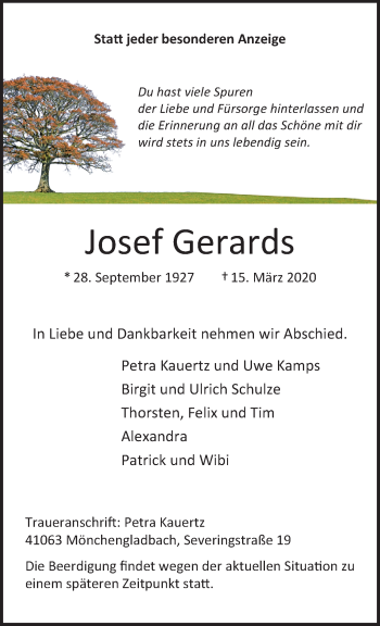 Traueranzeige von Josef Gerards von trauer.extra-tipp-moenchengladbach.de