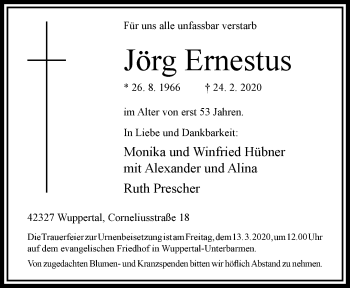 Traueranzeige von Jörg Ernestus von trauer.wuppertaler-rundschau.de