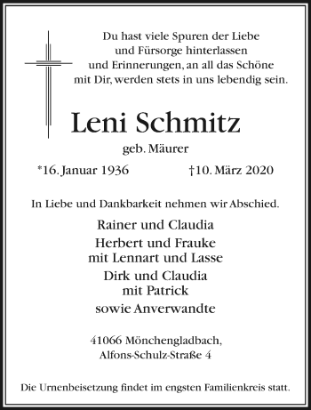 Traueranzeige von Leni Schmitz von trauer.extra-tipp-moenchengladbach.de