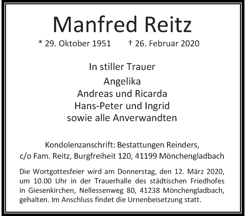  Traueranzeige für Manfred Reitz vom 08.03.2020 aus trauer.extra-tipp-moenchengladbach.de