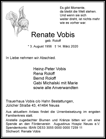 Traueranzeige von Renate Vobis von trauer.extra-tipp-moenchengladbach.de