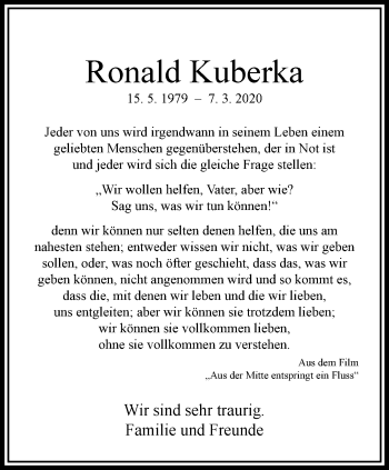 Traueranzeige von Ronald Kuberka von trauer.wuppertaler-rundschau.de
