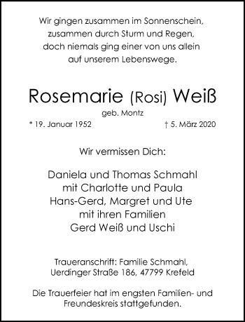 Traueranzeige von Rosemarie Weiß von trauer.mein.krefeld.de