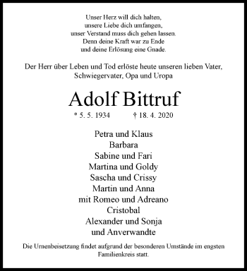 Traueranzeige von Adolf Bittruf von trauer.wuppertaler-rundschau.de