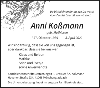 Traueranzeige von Anni Koßmann von trauer.extra-tipp-moenchengladbach.de