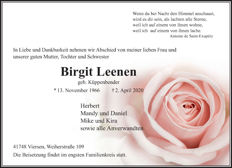  Traueranzeige für Birgit Leenen vom 12.04.2020 aus trauer.extra-tipp-moenchengladbach.de