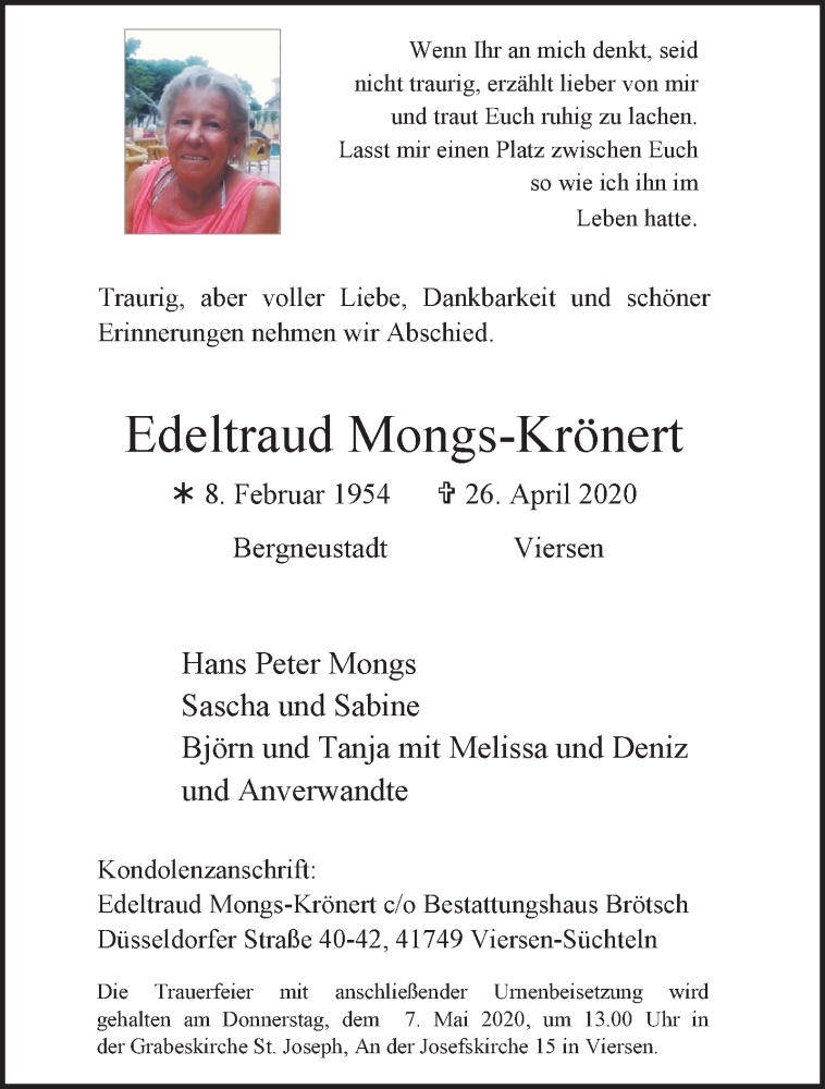  Traueranzeige für Edeltraud Mongs-Krönert vom 03.05.2020 aus trauer.extra-tipp-moenchengladbach.de