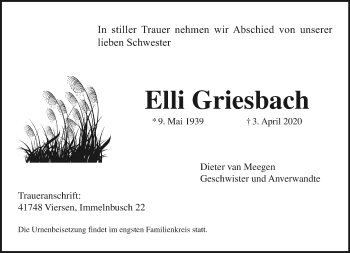 Traueranzeige von Elli Griesbach von trauer.extra-tipp-moenchengladbach.de