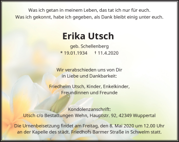 Traueranzeige von Erika Utsch von trauer.wuppertaler-rundschau.de