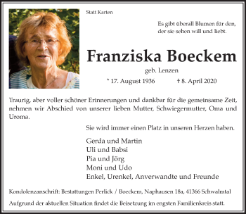 Traueranzeige von Franziska Boeckem von trauer.extra-tipp-moenchengladbach.de