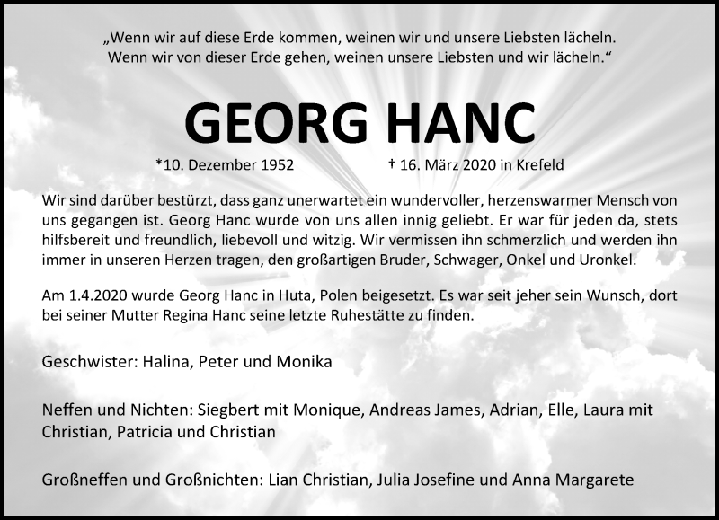  Traueranzeige für Georg Hanc vom 05.04.2020 aus trauer.mein.krefeld.de