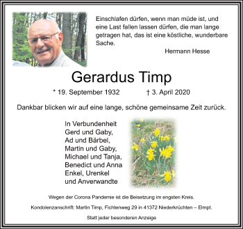 Traueranzeige von Gerardus Timp von trauer.extra-tipp-moenchengladbach.de
