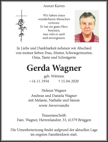 Traueranzeige von Gerda Wagner von trauer.extra-tipp-moenchengladbach.de