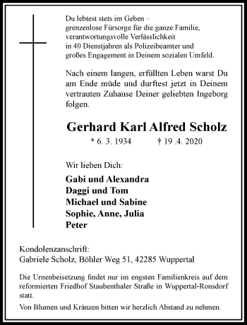Traueranzeige von Gerhard Karl Alfred Scholz von trauer.wuppertaler-rundschau.de