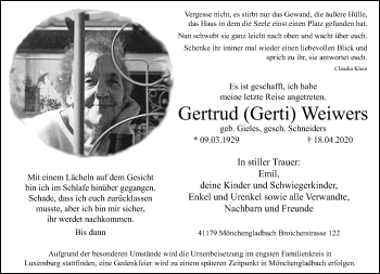 Traueranzeige von Gertrud  Weiwers von trauer.extra-tipp-moenchengladbach.de