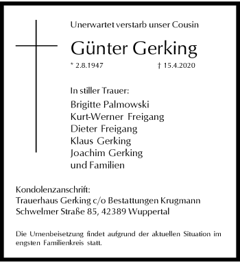 Traueranzeige von Günter Gerking von trauer.wuppertaler-rundschau.de