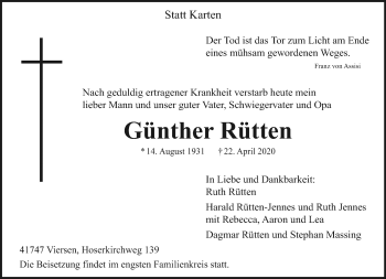 Traueranzeige von Günther Rütten von trauer.extra-tipp-moenchengladbach.de