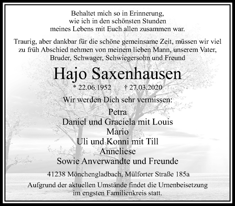  Traueranzeige für Hajo Saxenhausen vom 05.04.2020 aus trauer.extra-tipp-moenchengladbach.de