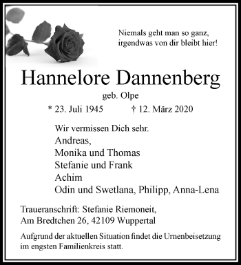 Traueranzeige von Hannelore Dannenberg von trauer.wuppertaler-rundschau.de