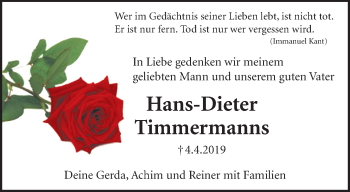 Traueranzeige von Hans-Dieter Timmermanns von trauer.extra-tipp-moenchengladbach.de