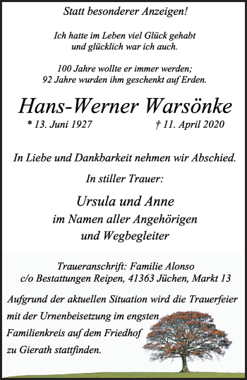 Traueranzeige von Hans-Werner Warsönke von trauer.stadt-kurier.de