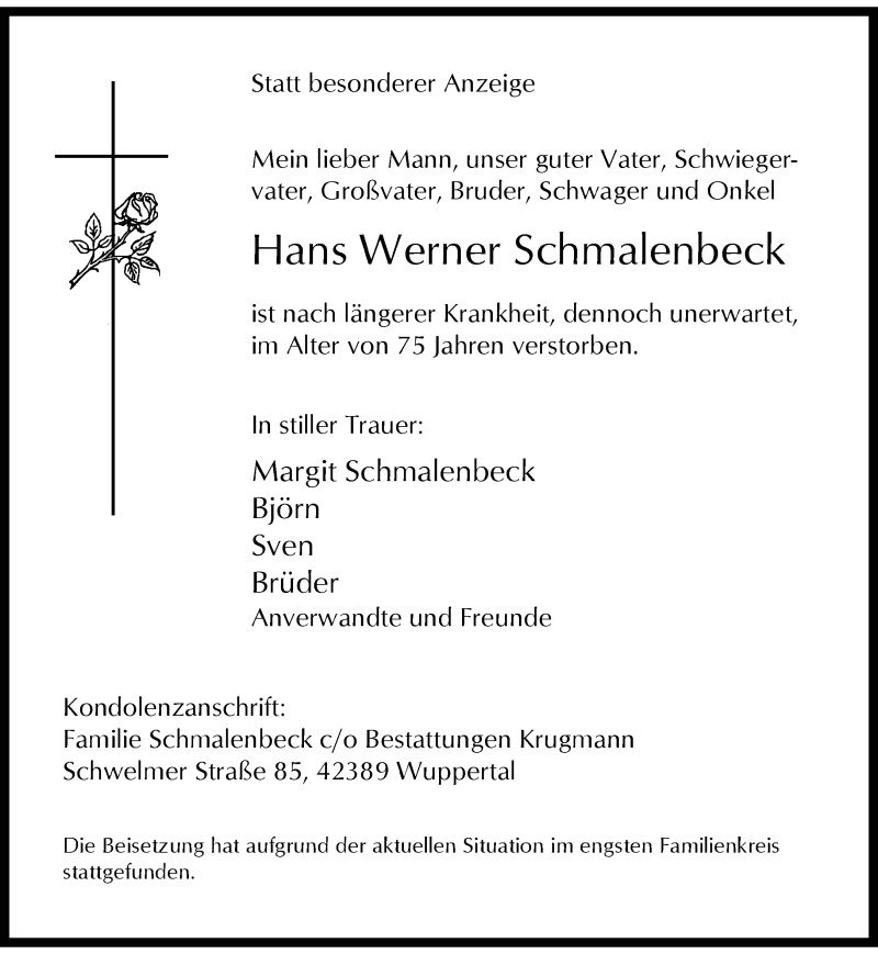  Traueranzeige für Hans Werner Schmalenbeck vom 18.04.2020 aus trauer.wuppertaler-rundschau.de