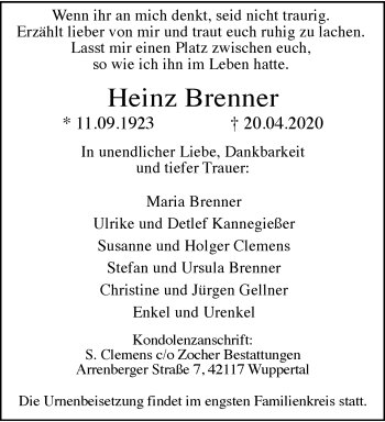 Traueranzeige von Heinz Brenner von trauer.wuppertaler-rundschau.de