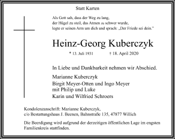 Traueranzeige von Heinz-Georg Kuberczyk von trauer.extra-tipp-moenchengladbach.de