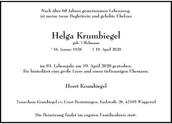 Traueranzeige von Helga Krumbiegel von trauer.wuppertaler-rundschau.de