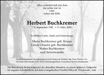 Traueranzeige von Herbert Buchkremer von trauer.extra-tipp-moenchengladbach.de