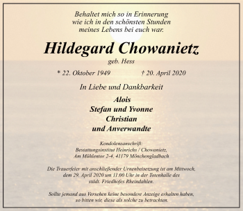 Traueranzeige von Hildegard Chowanietz von trauer.extra-tipp-moenchengladbach.de