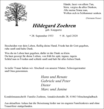 Traueranzeige von Hildegard Zoehren von trauer.extra-tipp-moenchengladbach.de