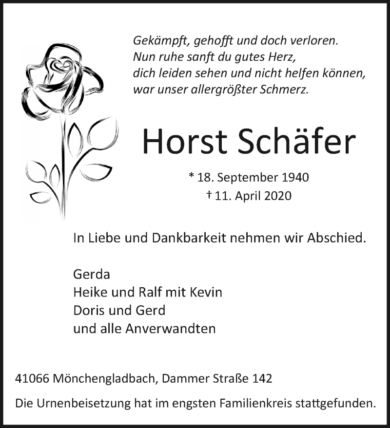  Traueranzeige für Horst Schäfer vom 19.04.2020 aus trauer.extra-tipp-moenchengladbach.de