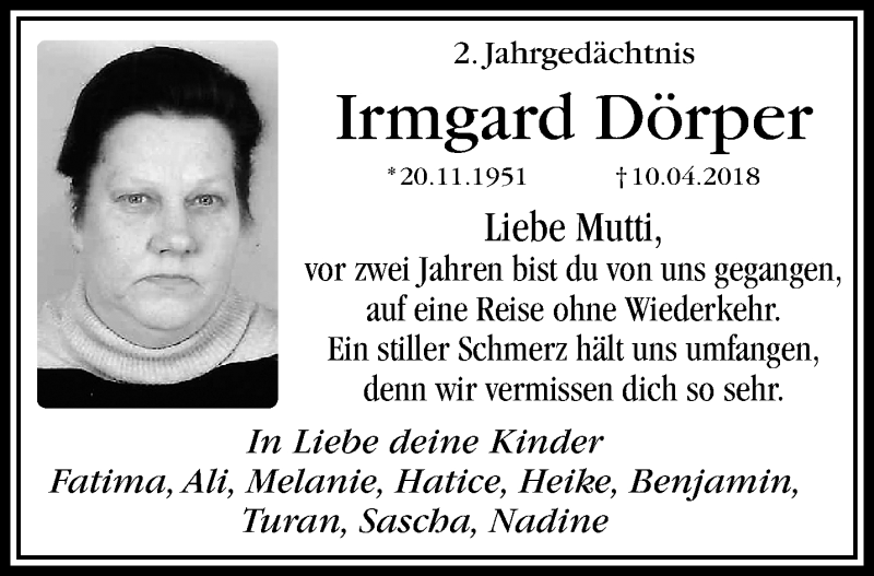  Traueranzeige für Irmgard Dörper vom 12.04.2020 aus trauer.mein.krefeld.de