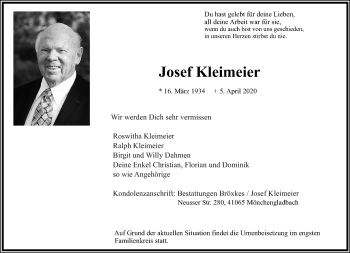 Traueranzeige von Josef Kleimeier von trauer.extra-tipp-moenchengladbach.de