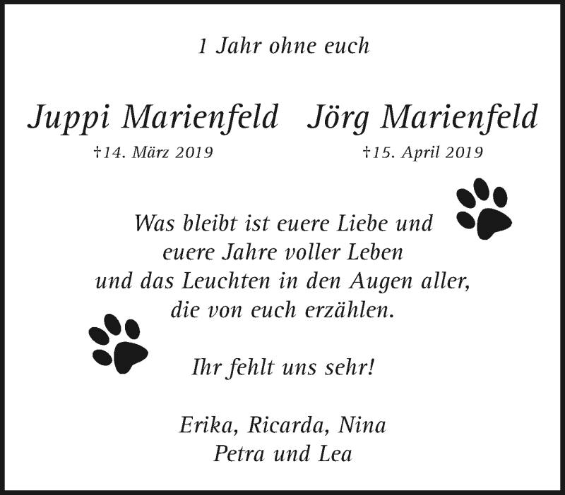  Traueranzeige für Juppi und Jörg Marienfeld vom 19.04.2020 aus trauer.extra-tipp-moenchengladbach.de