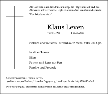 Traueranzeige von Klaus Leven von trauer.mein.krefeld.de