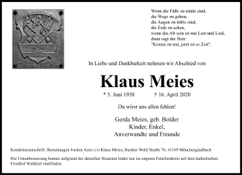 Traueranzeige von Klaus Meies von trauer.extra-tipp-moenchengladbach.de